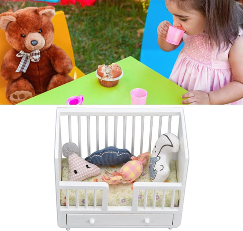 Miniature Dollhouse Baby Cradle, Dollhouse Crib Furniture Craft Decorations with 4 Cushions