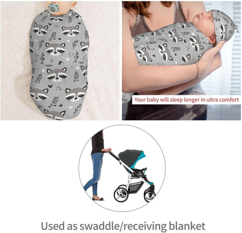 Sets Cute Raccoon Doodle Gray Newborn Swaddle Blankets Hat Soft Baby Receiving Blanket Swaddle Sack for Baby Shower