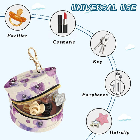 PYBUG Purple Flowers Round Pacifier Storage Case, Polyester & TPU Lined with Hook Buckle, Pacifier Container Box