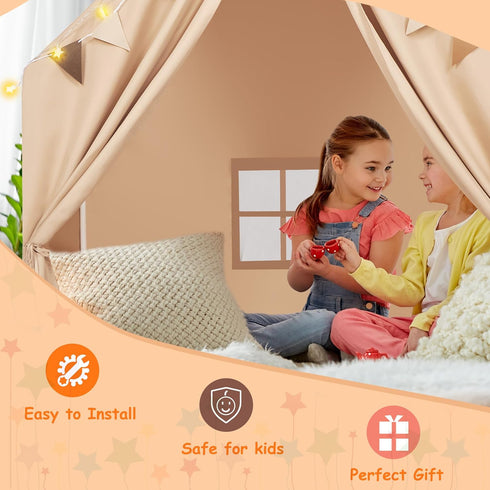 Kids Play Tent with Padded Mat & Star LED Lights, Large Indoor Play Room House Tent for Ages 4-10