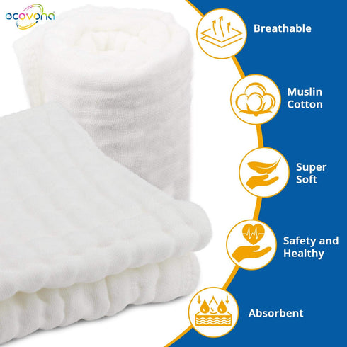 ECOVONA (8 Pack) Muslin Burp Cloth for Baby Boys and Girls | Cotton Newborn Essential Must Have Item | White Unisex