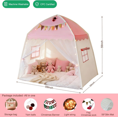 Setup 3-12 59x39x59 Kids Play Tent Indoor Teepee: Princess Castle Reading Nook with Mat Lights Carry Bag Mesh Windows