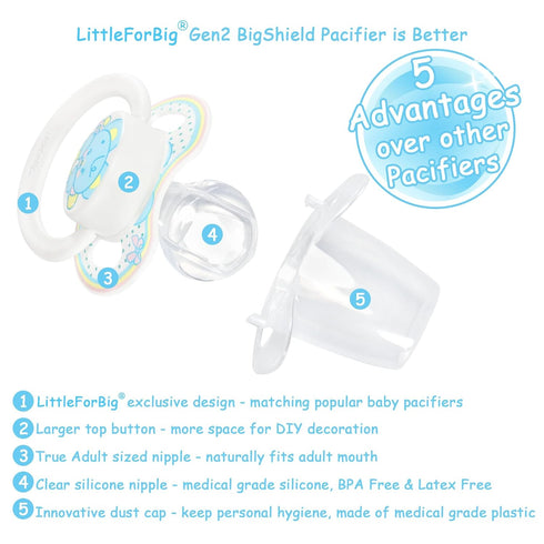 Set 3-Pack LittleForBig Bigshield Generation-II Adult Sized Printed Pacifier Baby Parade Pattern