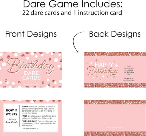 Big Dot of Happiness Pink Rose Gold Birthday - Happy Birthday Party Game Scratch Off Dare Cards (22 Count).