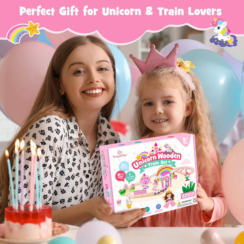 Set 43PCS Sets SIMPLIPLAY Wooden Train - Unicorn Magnetic Toy Train with Wooden Train Tracks & Bridge for Girls