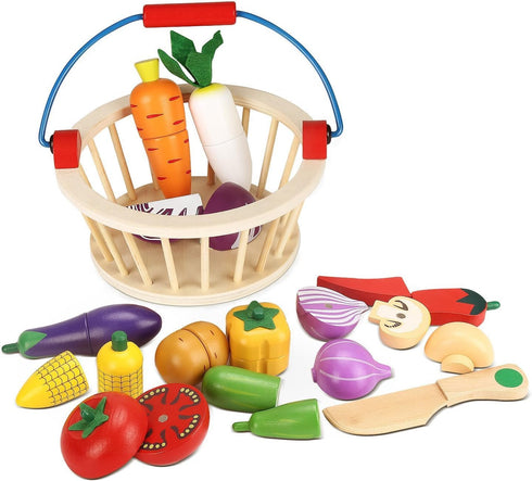 Victostar Magnetic Wooden Cutting Fruits and Vegetables Play Toy Set with Basket