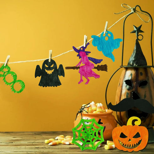 Max Fun 60PCS Halloween Crafts, Painting Wooden Slices Cutouts for Kids DIY Hanging Decorations