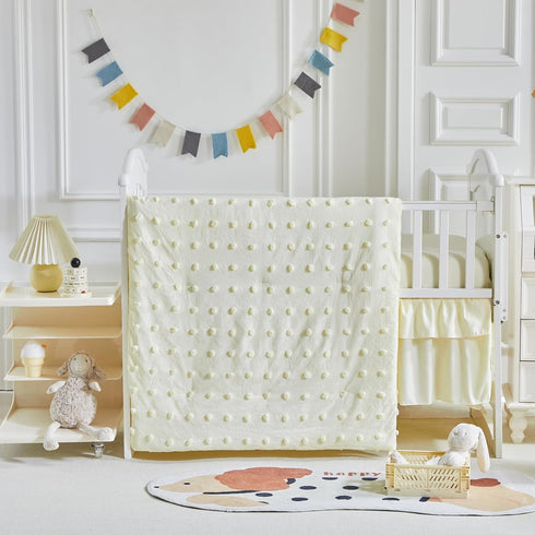 3 Set Set Pieces Crib Bedding Tufted Dots Jacquard Baby Comforter with Fitted Sheet and Bed Skirt - Cute Embroidery