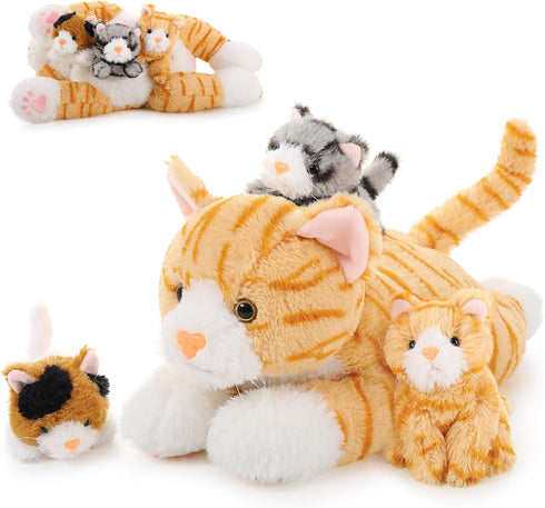 Muiteiur 4 Piece Cats Stuffed Animals - 15.7 inch Mom Plush Cat with 3 Kittens in Zipper Pouch, Cute Gift