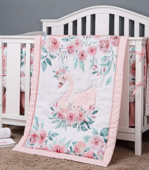 Whimsical Pink Swan Baby Quilt with Watercolor Roses and Satin Trim