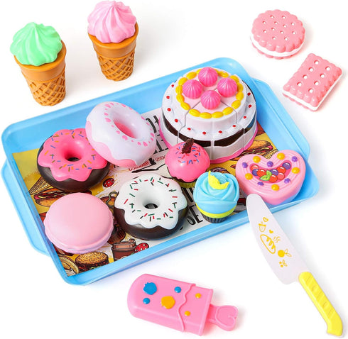 LOVESTOWN 15 PCS Pretend Desserts Toy Set, Play Food for Kids Kitchen, Ice Cream Cupcake Baking Plastic Play Food