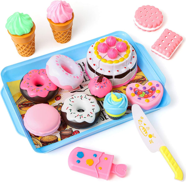 LOVESTOWN 15 PCS Pretend Desserts Toy Set, Play Food for Kids Kitchen, Ice Cream Cupcake Baking Plastic Play Food