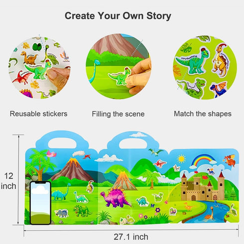 Reusable Sticker Books for Kids, Travel Dinosaur Sticker Books for 3-5 Year Olds, Educational Gifts for Boys & Girls