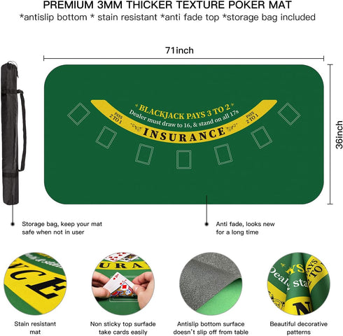 70" 35" x Poker Mat for Table with Carrying Bag, Professional Casino Blackjack Tabletop Layout Poker Table Mat