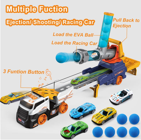 Dwi Dowellin Truck Toys for Kids, 28" Large Car Toys Include 4 Racing Cars + 6 Balls, Light & Sounds, Ejection &