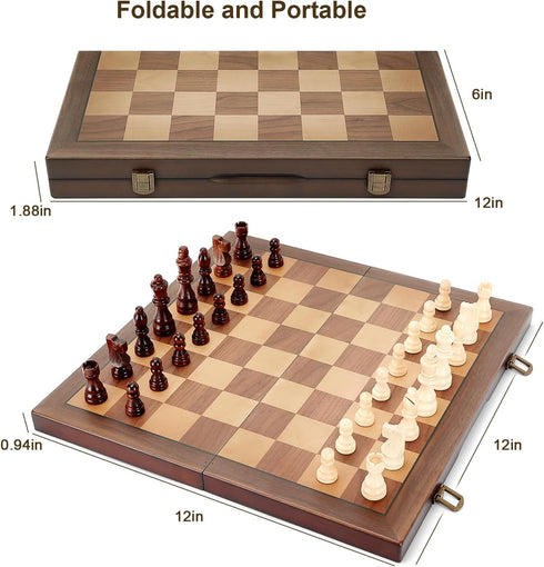 Set 12'' Sets Magnetic Wooden Chess for Adults Kids Chess Board with Handmade Pieces, Folding Portable Travel Unique
