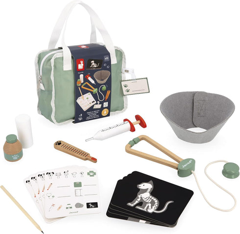 15-Piece 3+ J06466 Janod Pretend Play Vet Suitcase Role Play Veterinary Kit in Durable Zip-Up Cloth Case with Badge