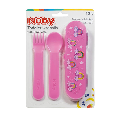 Set Nuby Toddler Utensils with Travel Case - Self-Feeding Fork & Spoon for Kids - Easy-to-Hold Training Utensils
