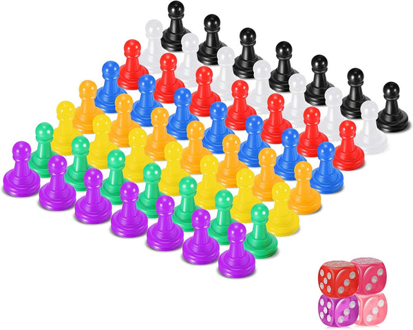 60 Pieces Multicolor Plastic Pawn Chess Components, 6 Sided Game Dice, Table Markings for Board Games