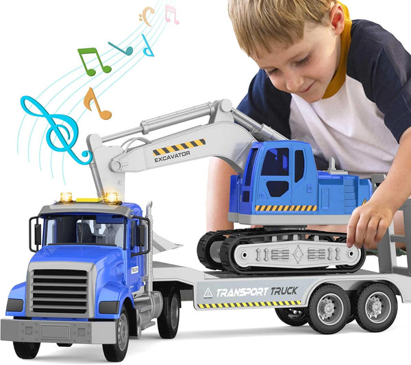 DOWELLIN Transports Trucks Kids Toys, 22" Large Semi Truck Toy Carrier and Excavator
