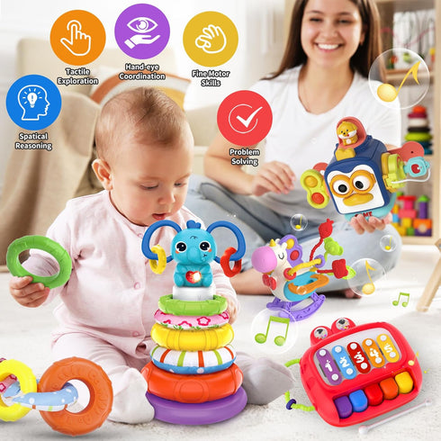 4 in 1 Baby Toy for 6-18 Months, Learning Toys for Babies, Busy Cube, Stacking Toys, Unicorn Pull String Toy