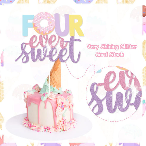 Four Ever Sweet Ice Cream Donut Party Decorations | Banner, Cake, Cupcake Toppers, Macaron, Balloons for Kids' Party