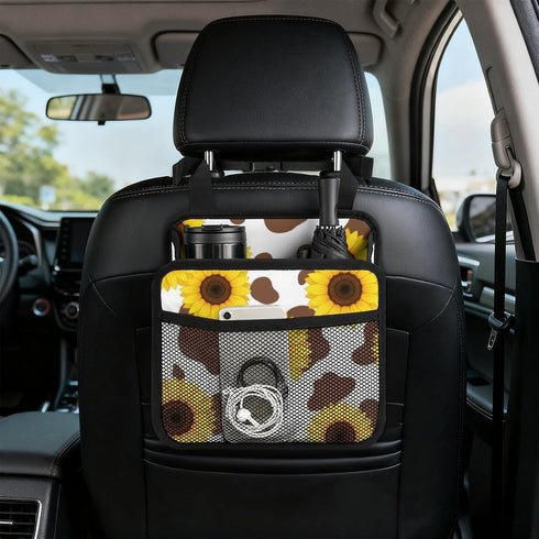 PPIKTC Spacious Hanging Auto Seat Organizer with Ventilated Mesh Pockets for Wet Wipes and Baby Supplies, Cow Print