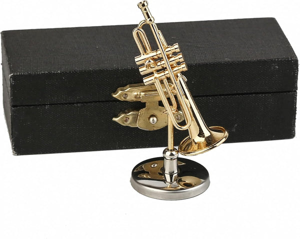 Dselvgvu Miniature Trumpet with Stand and Case, Dollhouse Model Musical Instrument Christmas Ornament (2.36"x0.79")