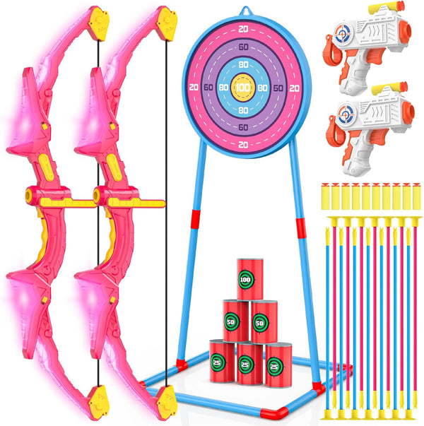 2 Pack Kids Bow and Arrow Set, Pink Light Up Archery Toy Set, Foam Dart Guns & 6 Target Cans for Ages 5-10 Birthday