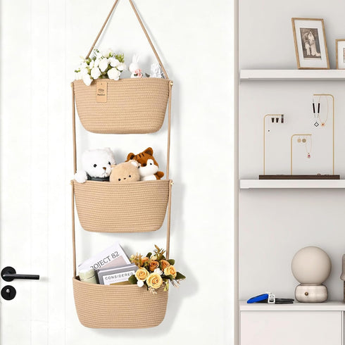 3-Tier 4 Hanging Basket, Wall Baskets, Over the Door Organizer with Hooks, Hanging Baskets for Organizing, Woven