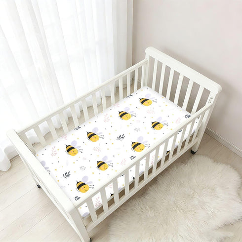 miaozhen 1 Pack 52x28 Cotton Crib Sheets for Baby Boys Girls Soft Stretchy Cute Cartoon Creature Bee White Newborns