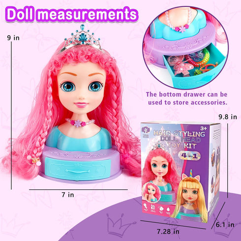 Kryonixty 4-in-1 Kids-9Inch,41pcs 3-8 Doll Head for Hair Styling Hair Salon Toys Makeup Kit Princess Accessories