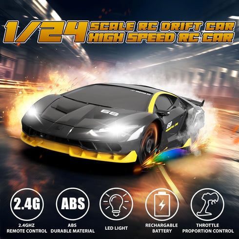 2.4GHz 1/24 4WD 15KM/H 2Pcs RC Drift Car Remote Control Car High Speed Racing Sport with LED Lights Drifting Tire Toy