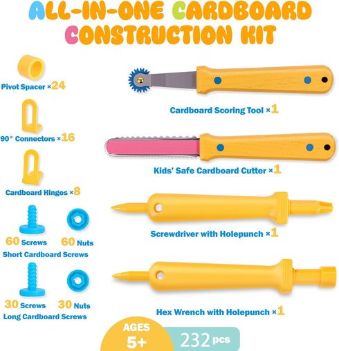 Zentara Set, 232-Piece Kids Cardboard Tool STEM Building Kit with Safe Wooden Cutter, Reusable Bolts & Nuts, Hinges