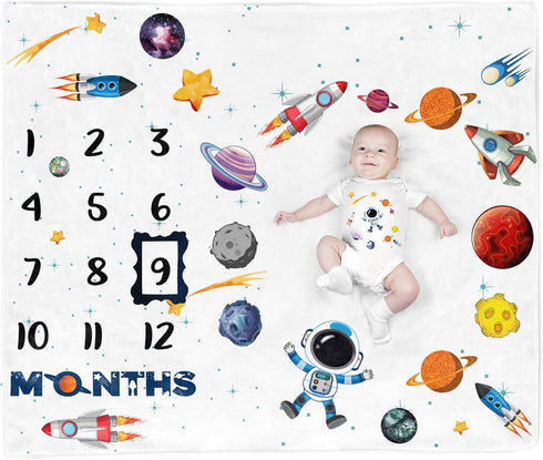 Rocket Baby Month Blanket for Newborn Photo - Space Baby Age Blanket with 2 Frame B35-1