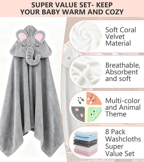 Spearlcable 12 Set 4 Pack 8 PCS Baby Bath Towels - Animal Hooded Baby Towels Robe + Soft Washcloths, Ultra Absorbent