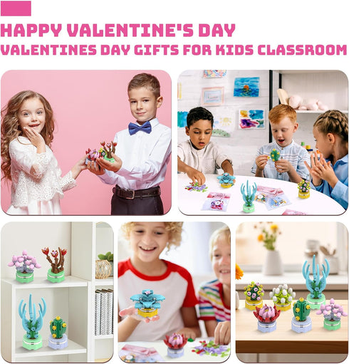 Classroom/School,24PCS 3+ Uiseba Valentines Day Gifts for Kids Building Blocks Succulent Plants Kits and Valentines
