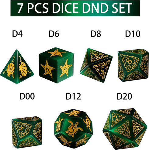 LUCKY-M Turtle DND Dice Set - 7PCS Cat Eye Stone D&D Dice for RPG and MTG Accessories (PC-Green)