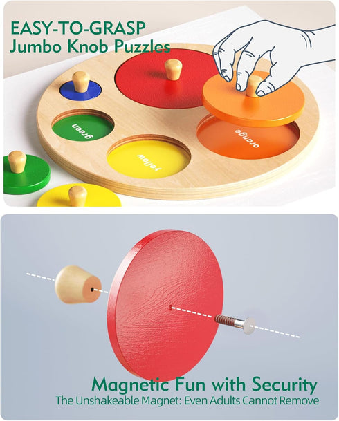 Boby Montessori Multiple Circle Puzzle Board, Wooden Knob Puzzle, Geometric Shape Sorter for Toddlers