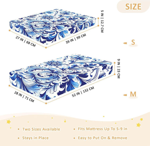 CZXW 52" 28" Blue White Floral Tile Crib Sheets Fitted x Natural Cotton Soft & Breathable for Baby Crib Mattress