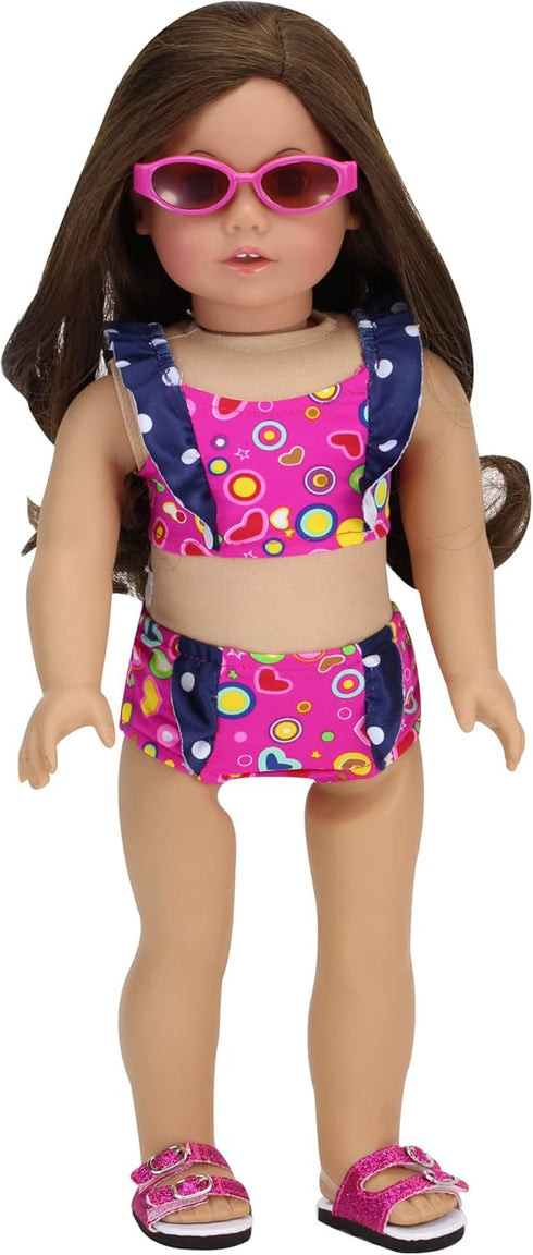 Sophia's 18" Doll 3 pc. Hot Pink Print with Navy Ruffle 2 pc. Swimsuit and Sunglasses