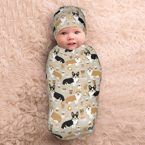 Norchzi Set Corgi Newborn Swaddle Blanket with Hat Baby Stuff Receiving Blankets Soft Transition Sleep Sacks Gifts