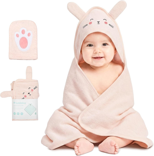 CuddleBug Premium Hooded Baby Bath Towel & Washcloth Set (Bear) - 100%