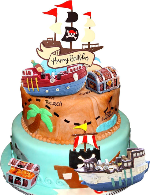 Sailboat Set Pirate Ship Cake Topper Nautical Model Decoration Gold Coins and Pirate Gems Pirate Treasure Chest Compass