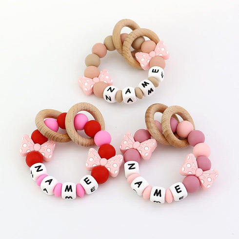Personalized Baby Teether Ring with Name Custom Silicone Rattle Teething Bracelet with Natural Beech Wood Customizable