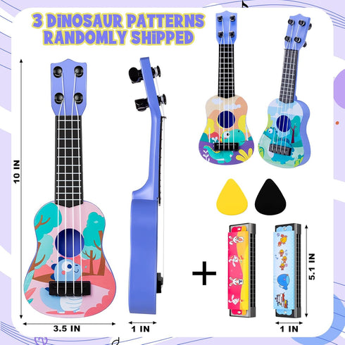 Kids Guitar 10" Musical Toy Guitar, Classical Mini Toddler Ukulele with 2 Extra Harmonica and 2 Guitar Picks, Dinosaur