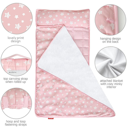 Moonsea Toddler Nap Mat Pink with Pillow and Fleece Minky Blanket, Lightweight Sleeping Bag for Kids