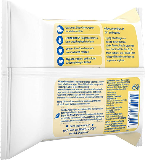 Johnson's Hand & Face Baby Wipes, 25 Count, Pack of 6