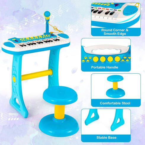 Costzon 31-Key Kids Piano Keyboard Toy, Toddler Electronic Musical Instrument with Microphone, Lights & Stool