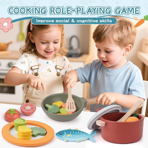 3 4 5 6 Wooden Play Kitchen Accessories - Pretend Play Food for Toddlers with Dishes Pots & Pans for Year Old, Cutting